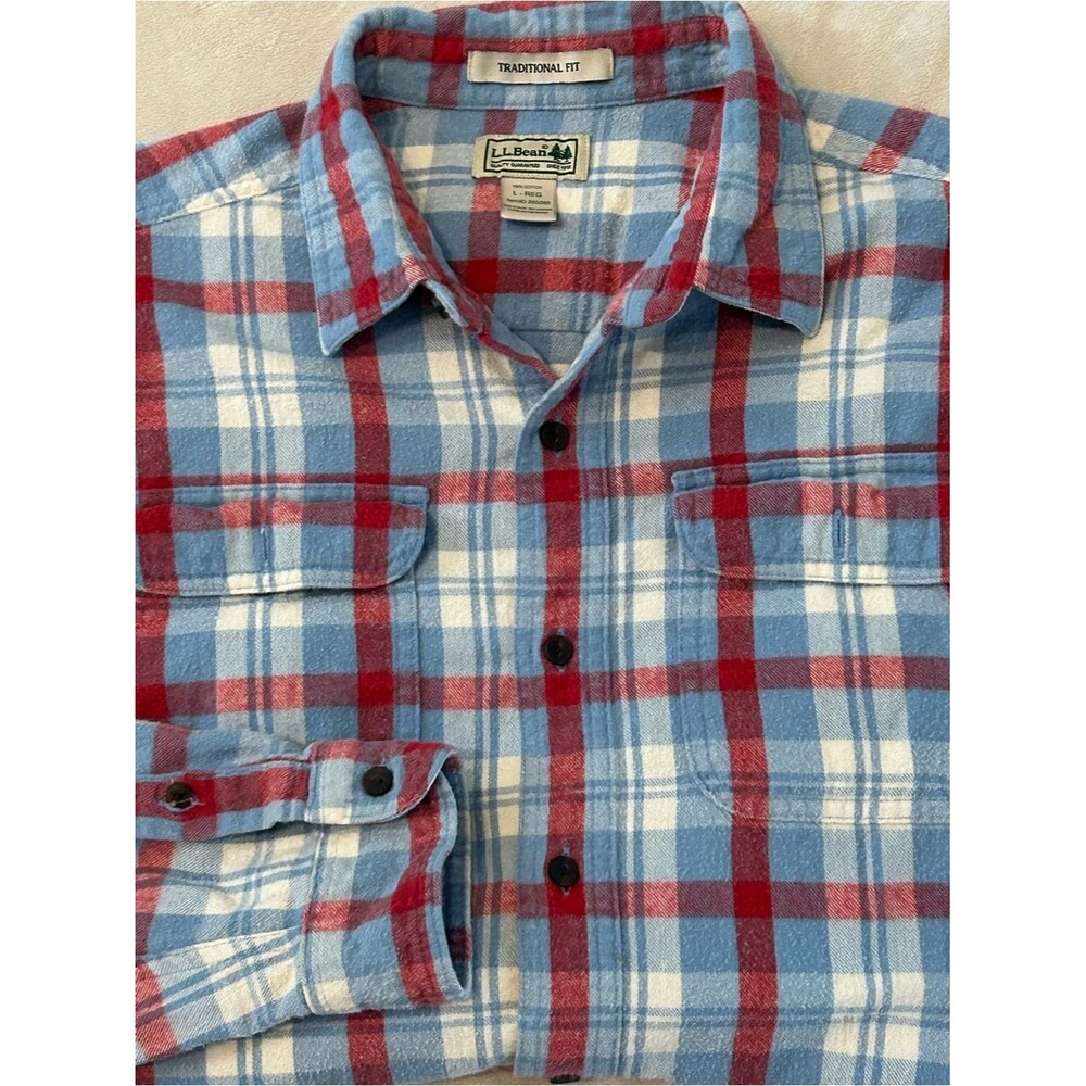 LL Bean Flannel Shirt Mens L Large Plaid Red Blue Cotton Traditional Fit 285285